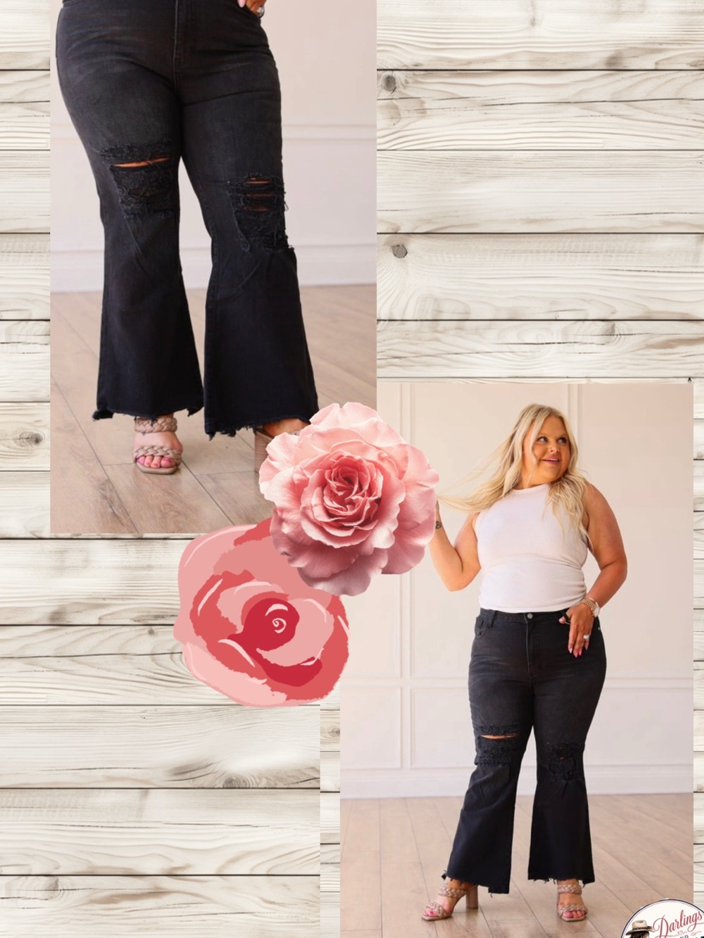 Flare leg Jeans with Knee Distress - Black